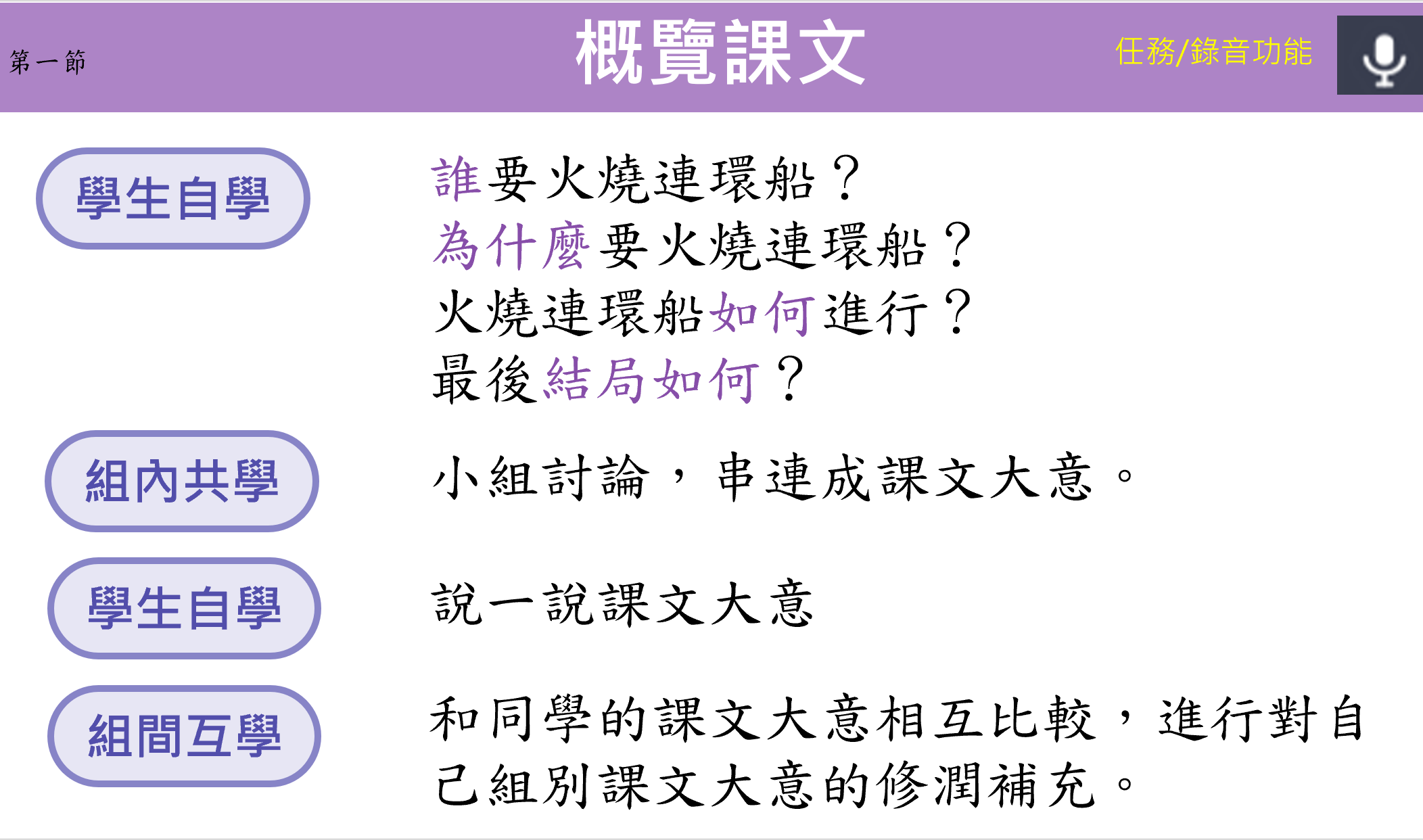 火燒連環船概覽課文的學生自學、組內共學與組間互學流程
