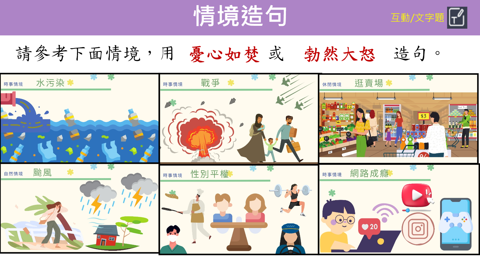 使用憂心如焚或勃然大怒完成情境造句的文字題