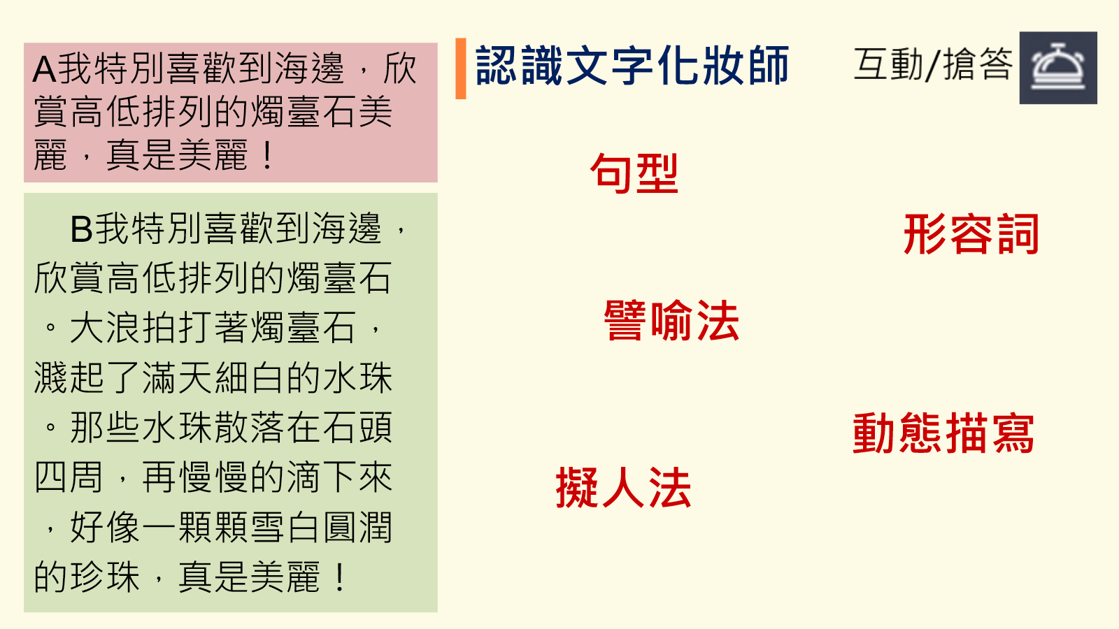 辨認句型、形容詞、譬喻、擬人與動態描寫等寫法