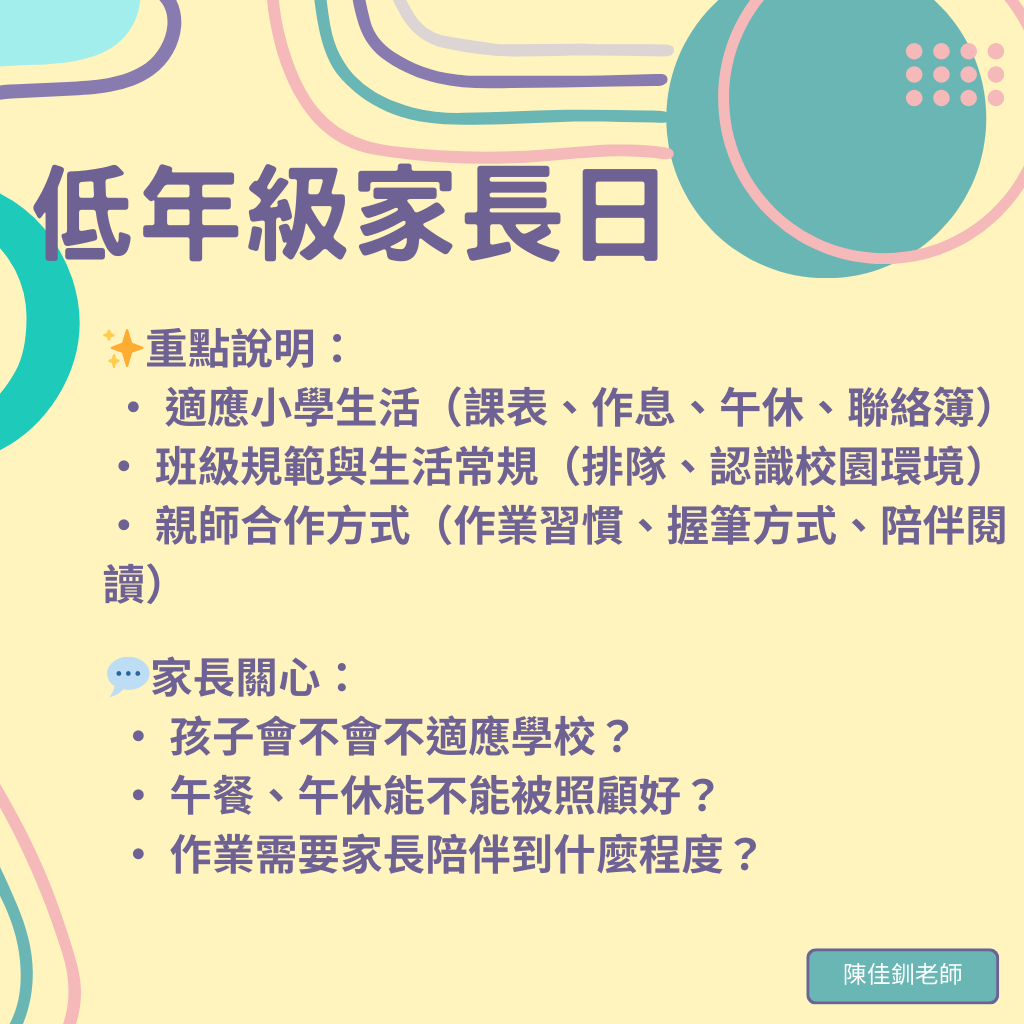 低年級家長日重點說明與家長關心事項圖卡