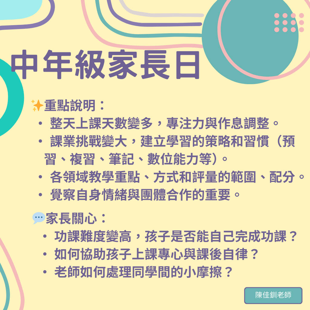 中年級家長日重點說明與家長關心事項圖卡